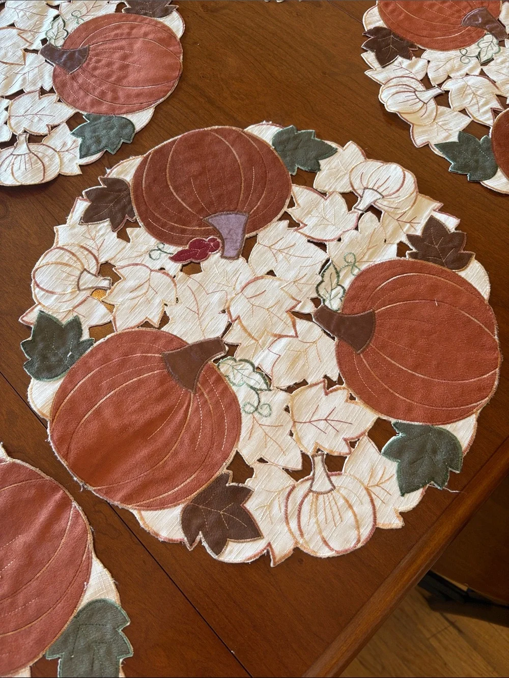 6 Round Placemats-Autumn Pumpkin Cutwork Placemat Set - Orange & Cream